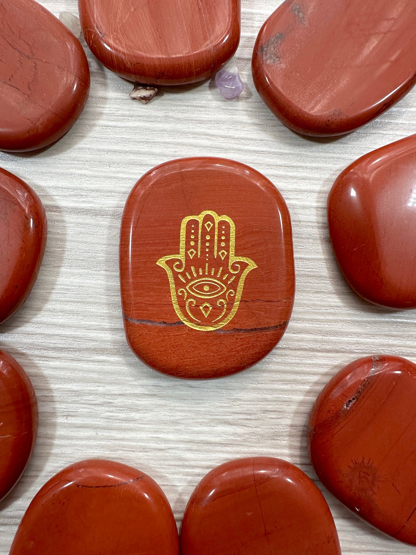 Engraved Palm Stone. Hamsa / Fatima symbol in Red Jasper