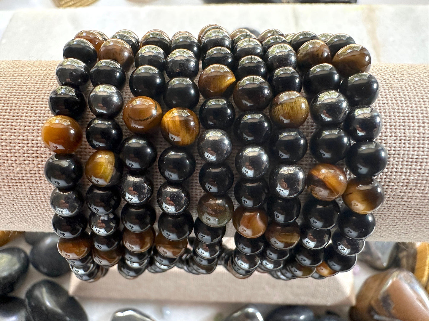 Triple Protection bracelet. 6mm Beads Hematite, Obsidian and Tiger Eye Bracelet