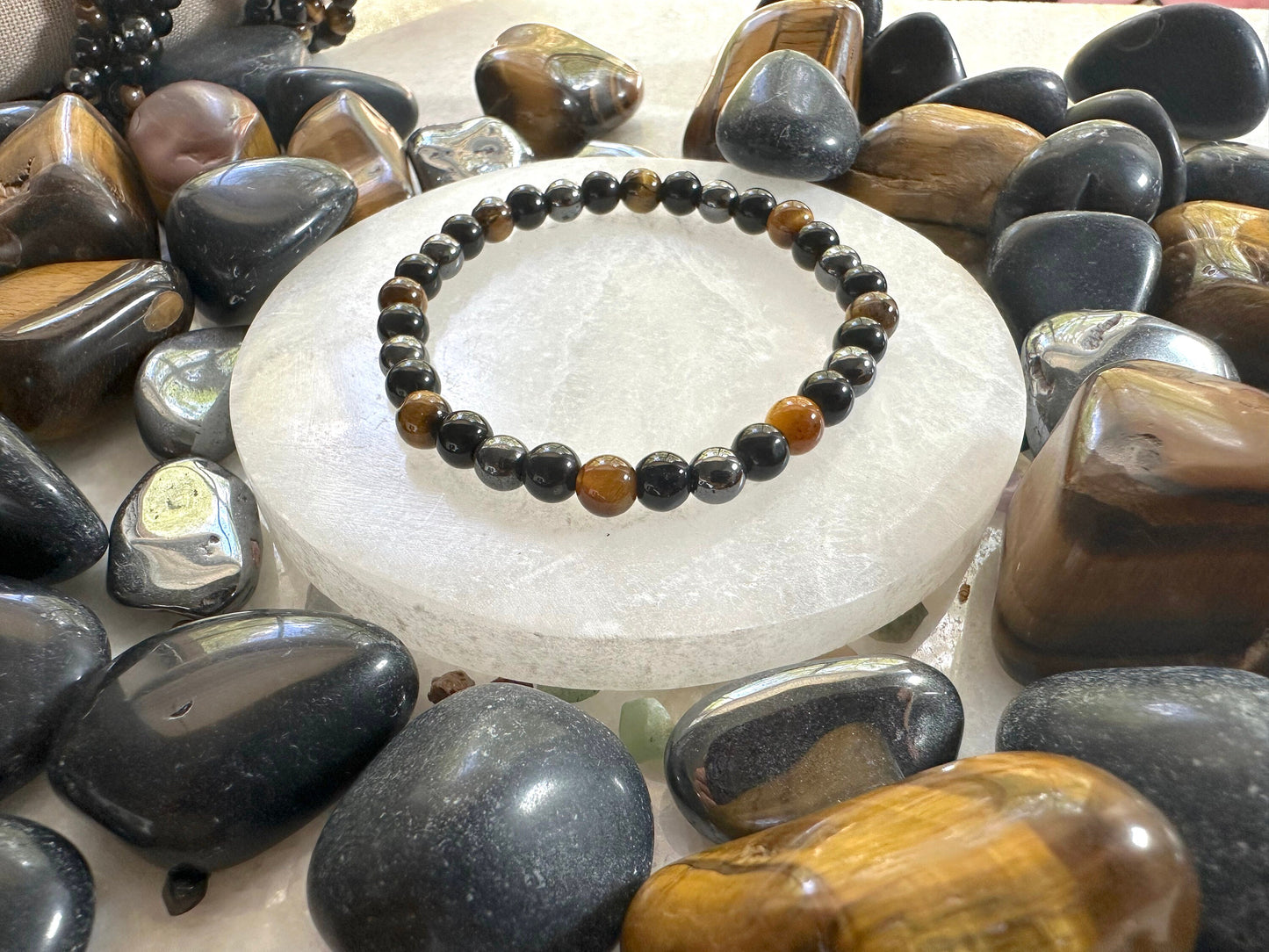 Triple Protection bracelet. 6mm Beads Hematite, Obsidian and Tiger Eye Bracelet