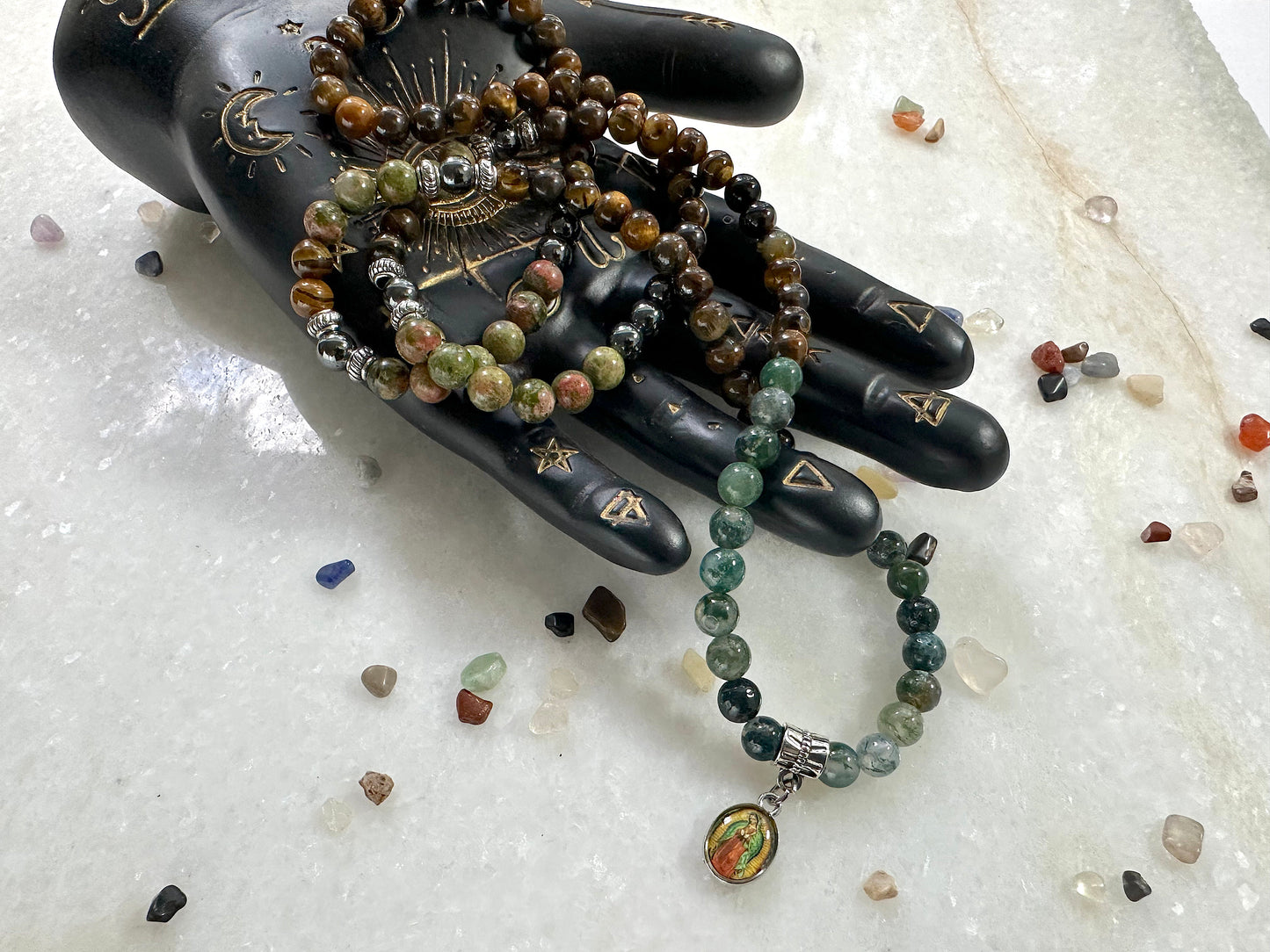 Lady of Guadalupe Gemstone Prayer Necklace and Wrist Mala. Elastic