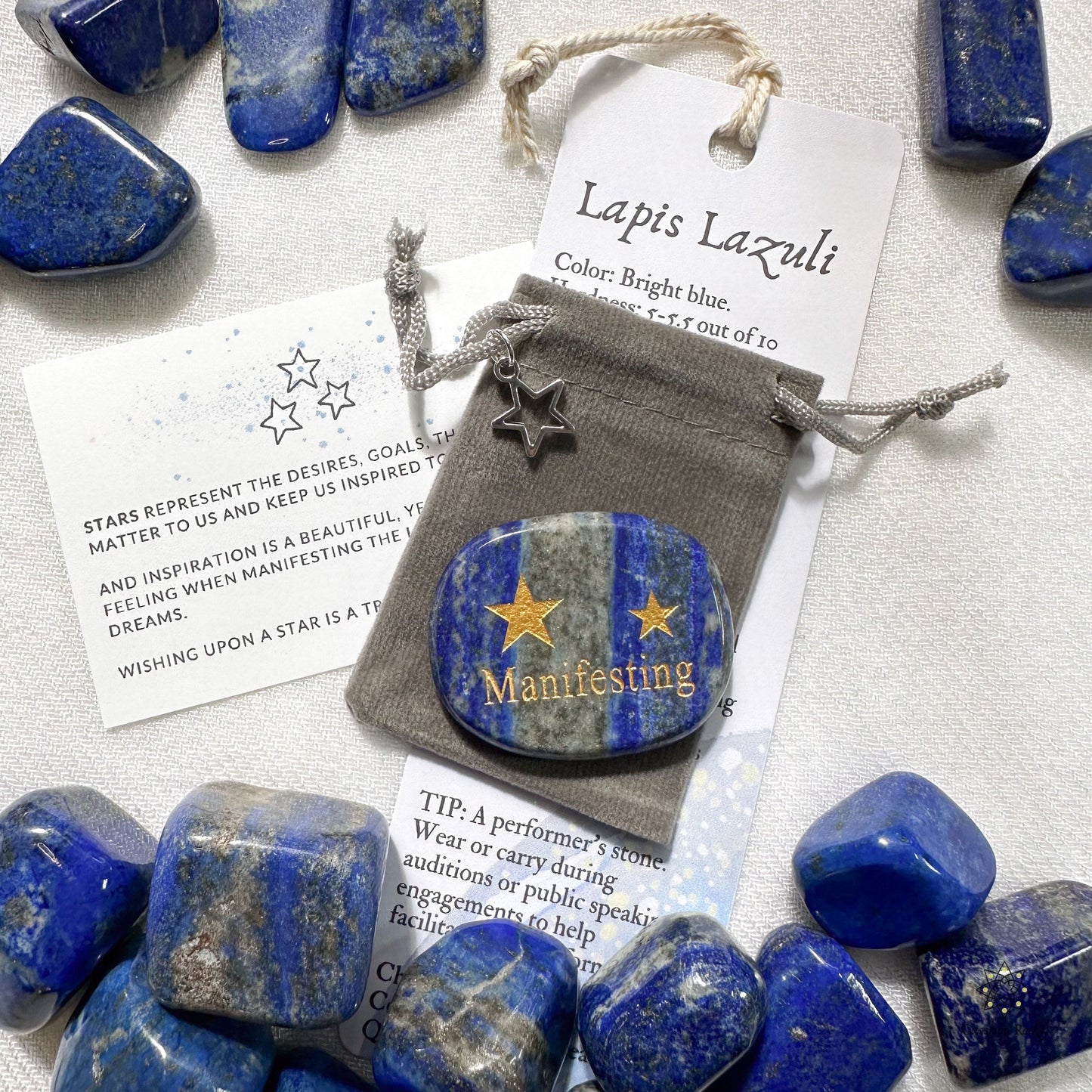 Manifesting Engraved Palm Stone in Lapis Lazuli | Natural Gemstone Pocket Stone