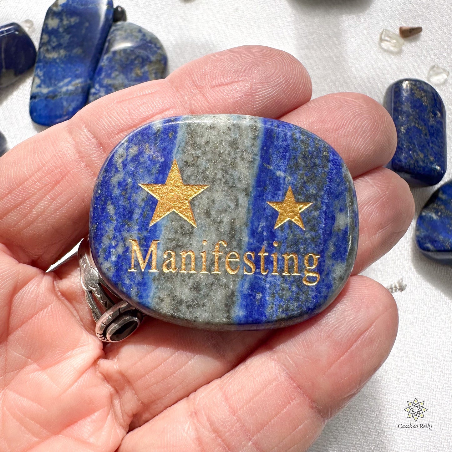 Manifesting Engraved Palm Stone in Lapis Lazuli | Natural Gemstone Pocket Stone