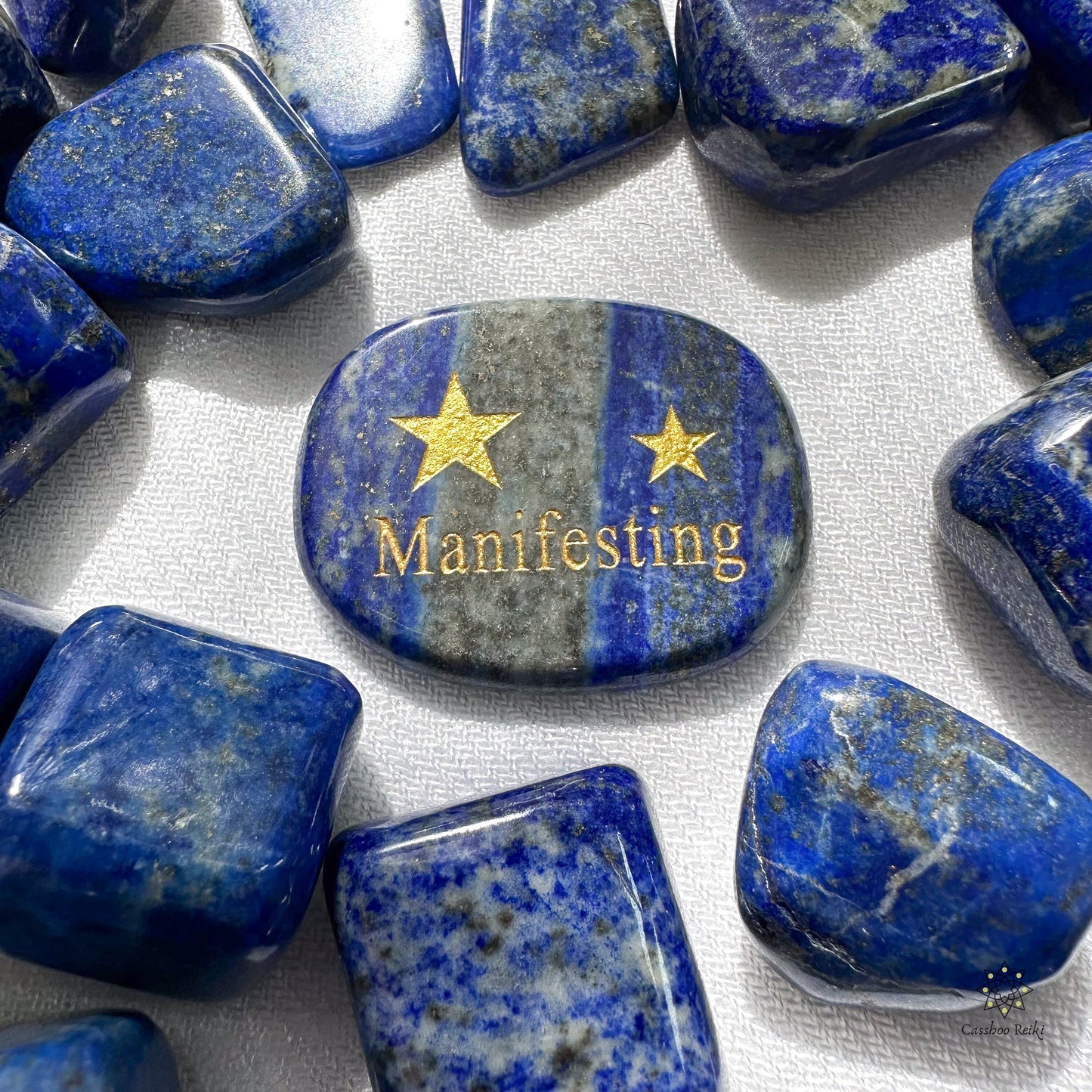 Manifesting Engraved Palm Stone in Lapis Lazuli | Natural Gemstone Pocket Stone